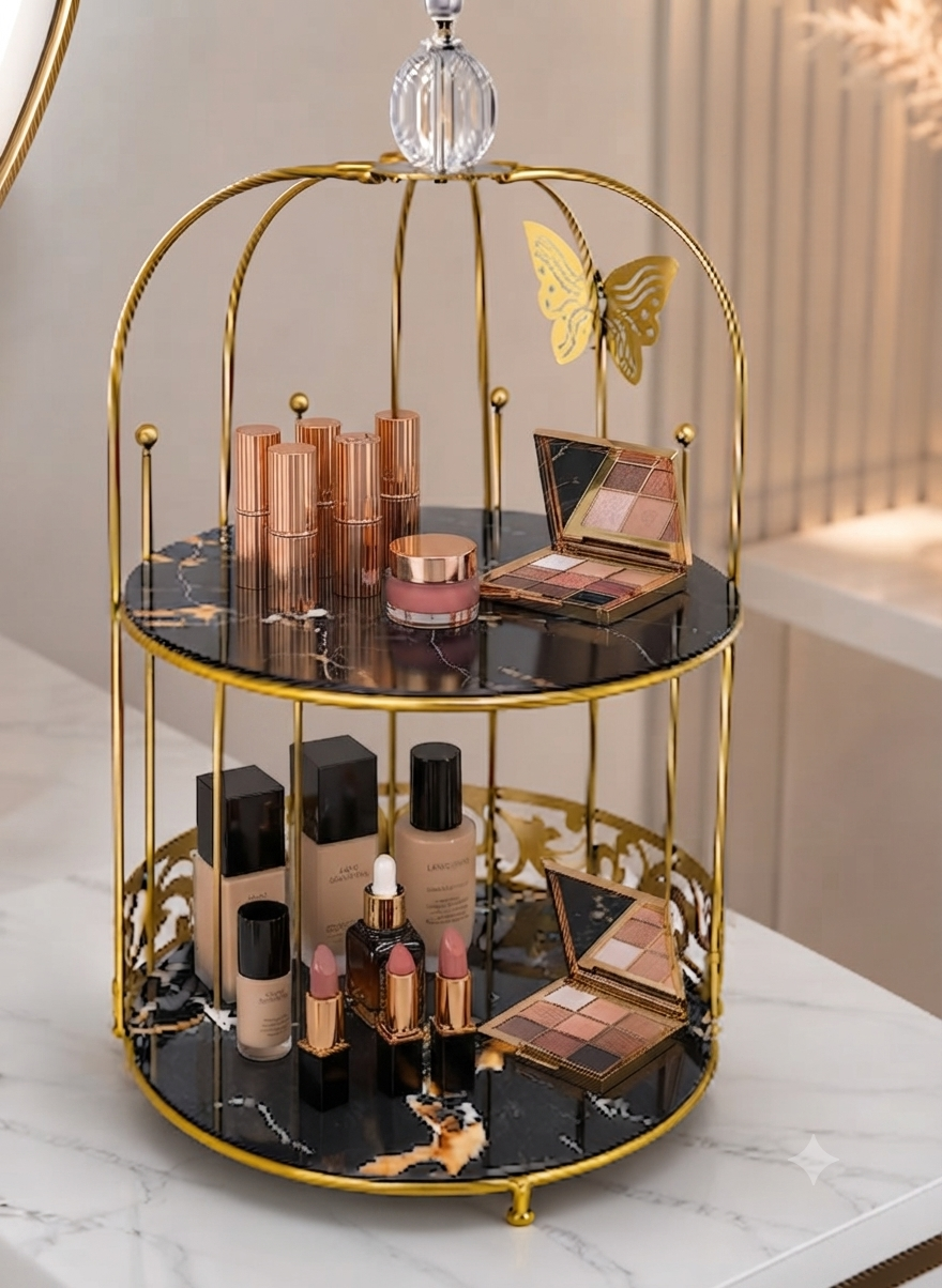 Butterfly 2 Layers Vanity Cage Organizer - Luxury Gold Makeup & Perfume Storage Stand