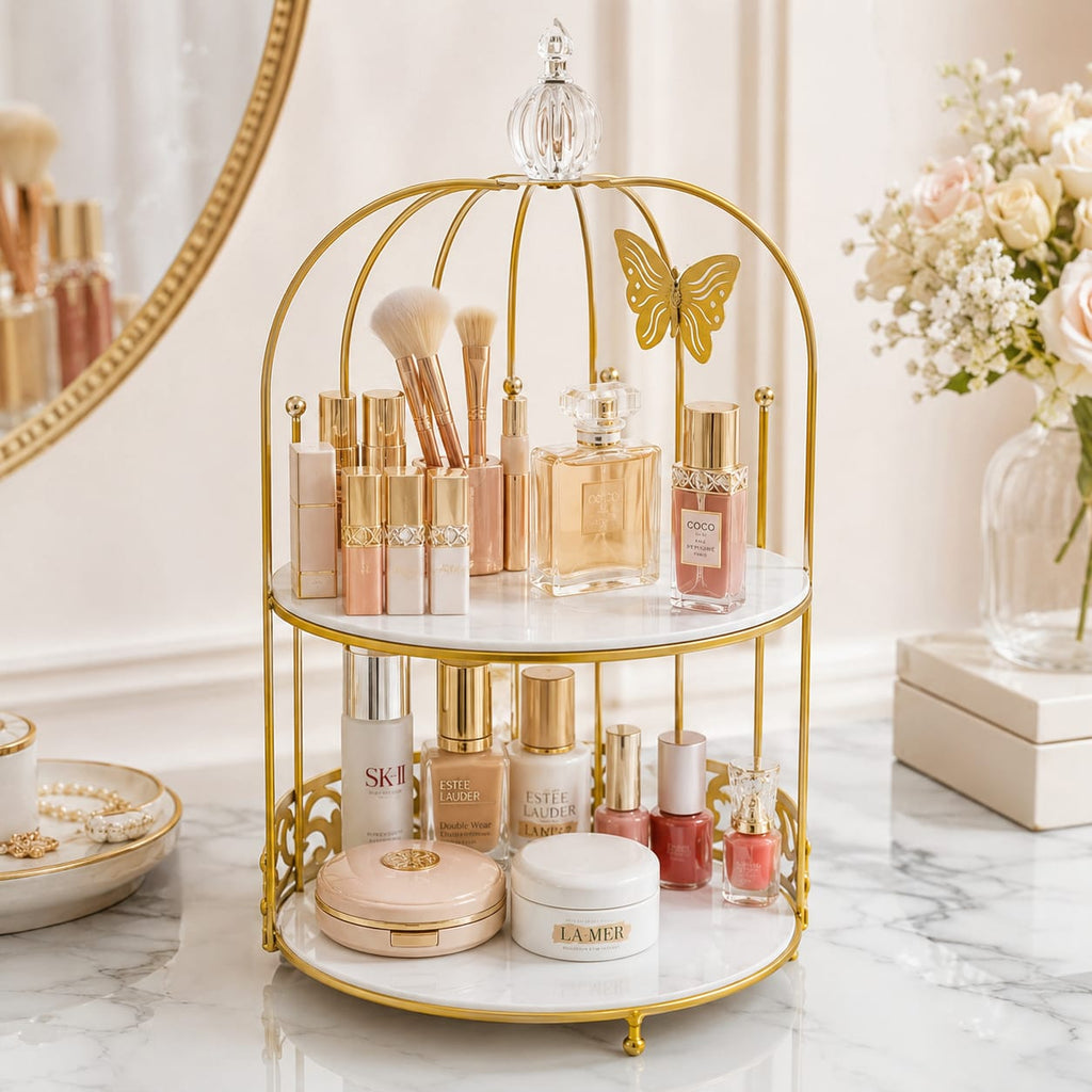 Butterfly 2 Layers Vanity Cage Organizer - Luxury Gold Makeup & Perfume Storage Stand