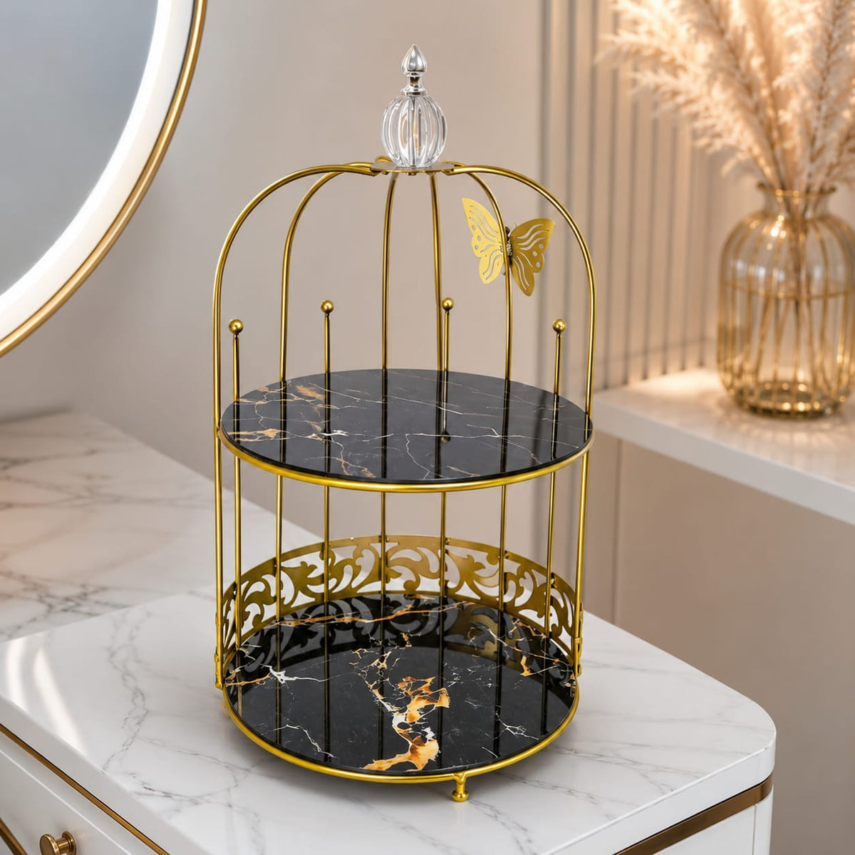 Butterfly 2 Layers Vanity Cage Organizer - Luxury Gold Makeup & Perfume Storage Stand