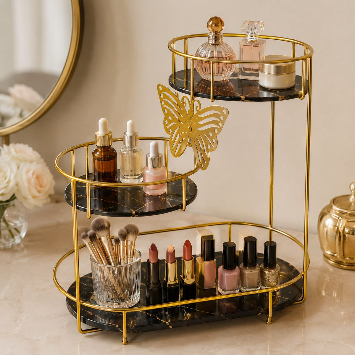 Aizal 3 Tier Butterfly Luxury Organizer – Elegant Makeup, Perfume & Skincare Storage Rack
