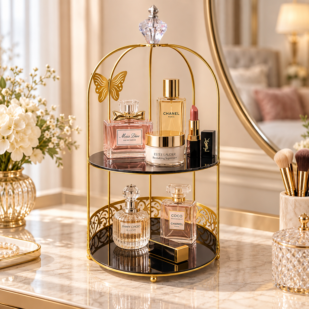 Butterfly 2 Layers Vanity Cage Organizer – Elegant Gold Makeup & Perfume Storage Stand