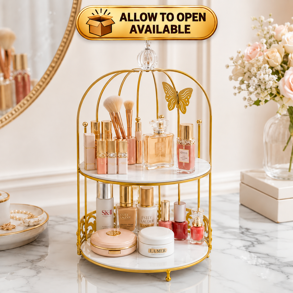 Butterfly 2 Layers Vanity Cage Organizer - Luxury Gold Makeup & Perfume Storage Stand