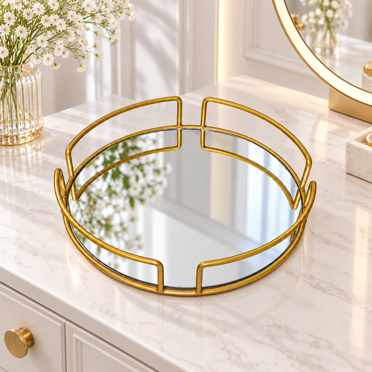 Perfume Plate Round Tray with Gold Metal & Glass – Elegant Vanity Organizer