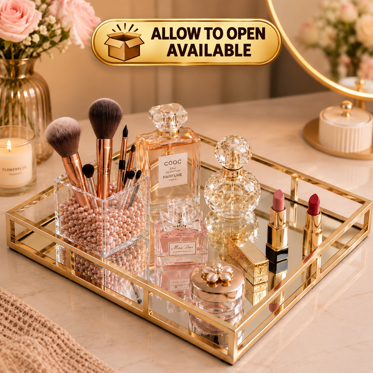 Luxury Gold Mirror Tray – Cosmetic & Perfume Organizer