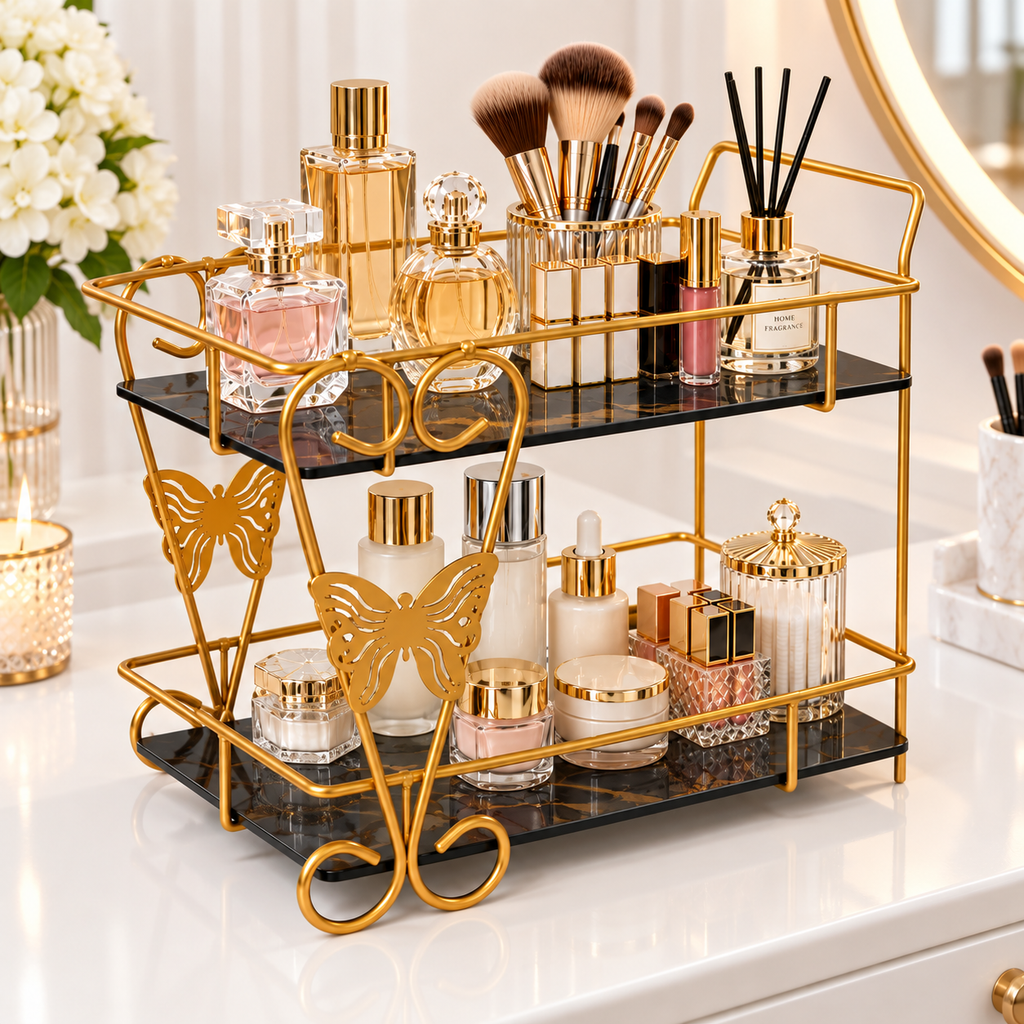 Luxury 2-Tier Golden Butterfly Cosmetic Organizer with Marble Style Trays