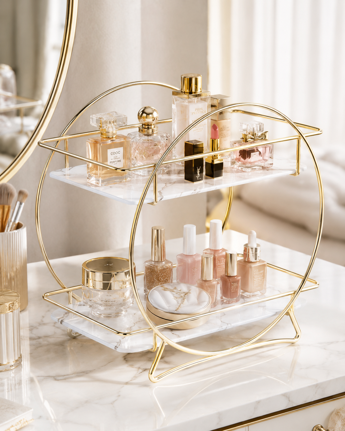 Luxury 2-Tier Gold Makeup & Skincare Organizer Rack for Bathroom Countertop
