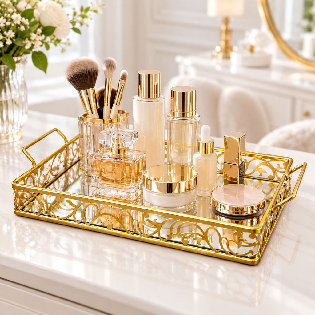 Luxury Golden Mirror Cosmetic Organizer Tray