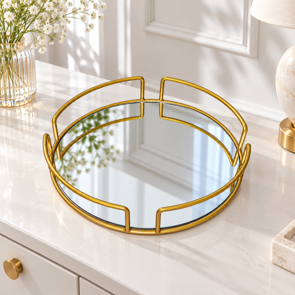 Luxury Gold Round Mirror Cosmetic Organizer Tray