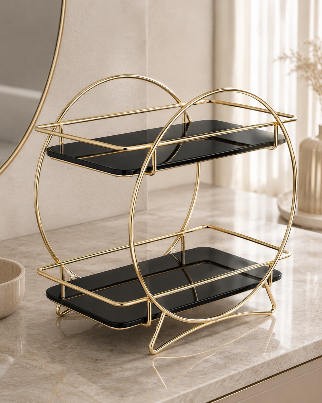 Luxury 2-Tier Gold Makeup & Skincare Organizer Rack for Bathroom Countertop
