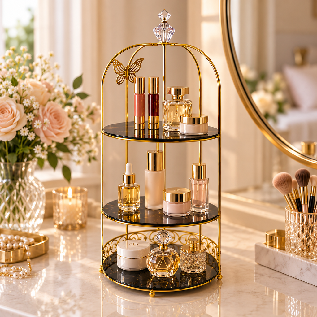 Butterfly 3 Layers Cosmetics Cage Organizer – Elegant Rotating Makeup & Jewelry Storage Rack