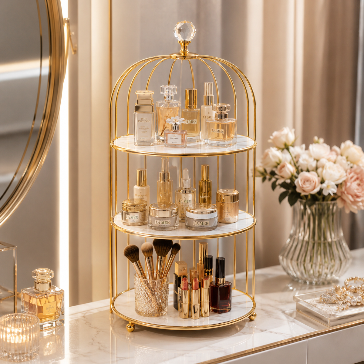 Luxury 3-Tier Golden Cage Cosmetic & Perfume Organizer