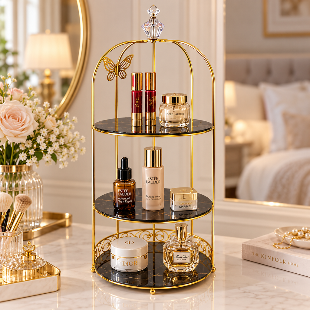 Butterfly 3 Layers Cosmetics Cage Organizer – Elegant Rotating Makeup & Jewelry Storage Rack