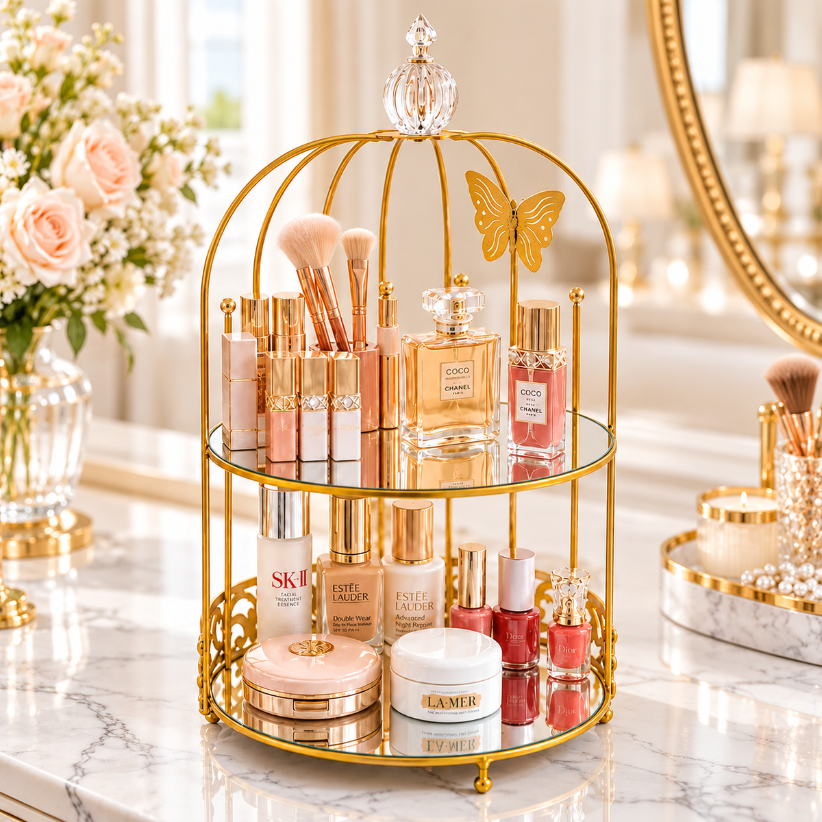 Luxury 2-Tier Golden Butterfly Cosmetic Organizer with Mirror Trays | Premium Makeup & Perfume Storage Stand