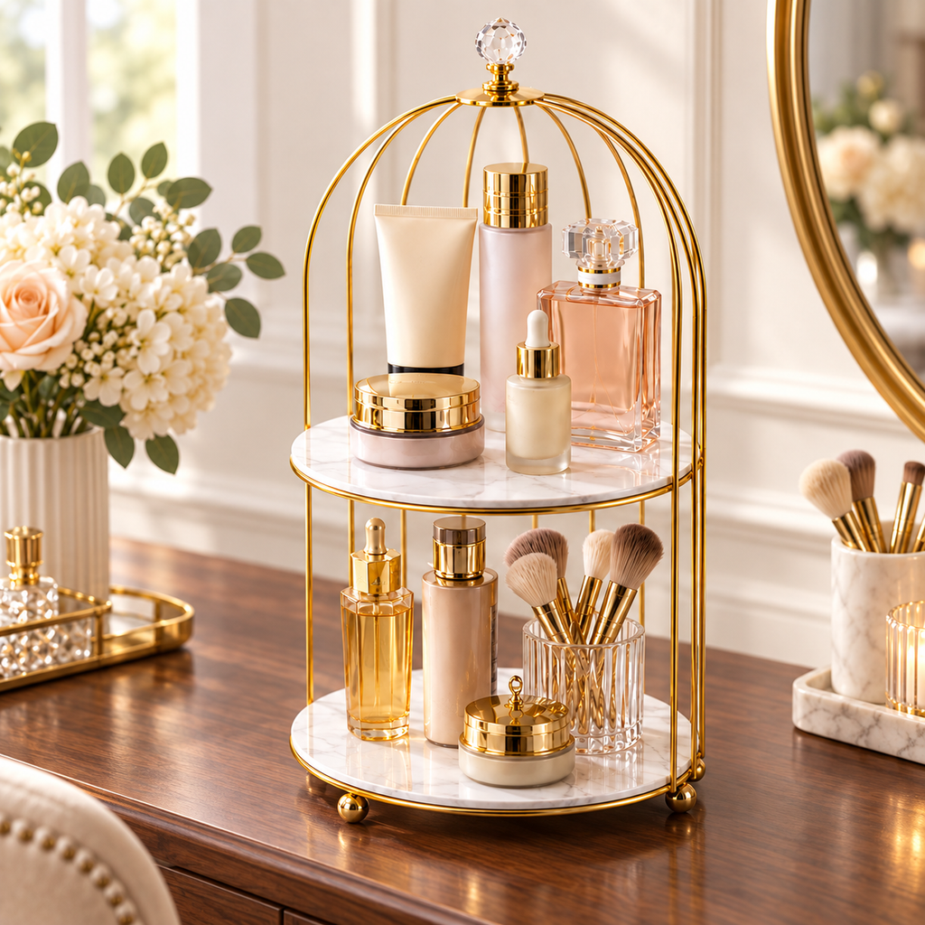2 Layers Cosmetics Cage Organizer – Stylish Makeup & Skincare Storage Rack