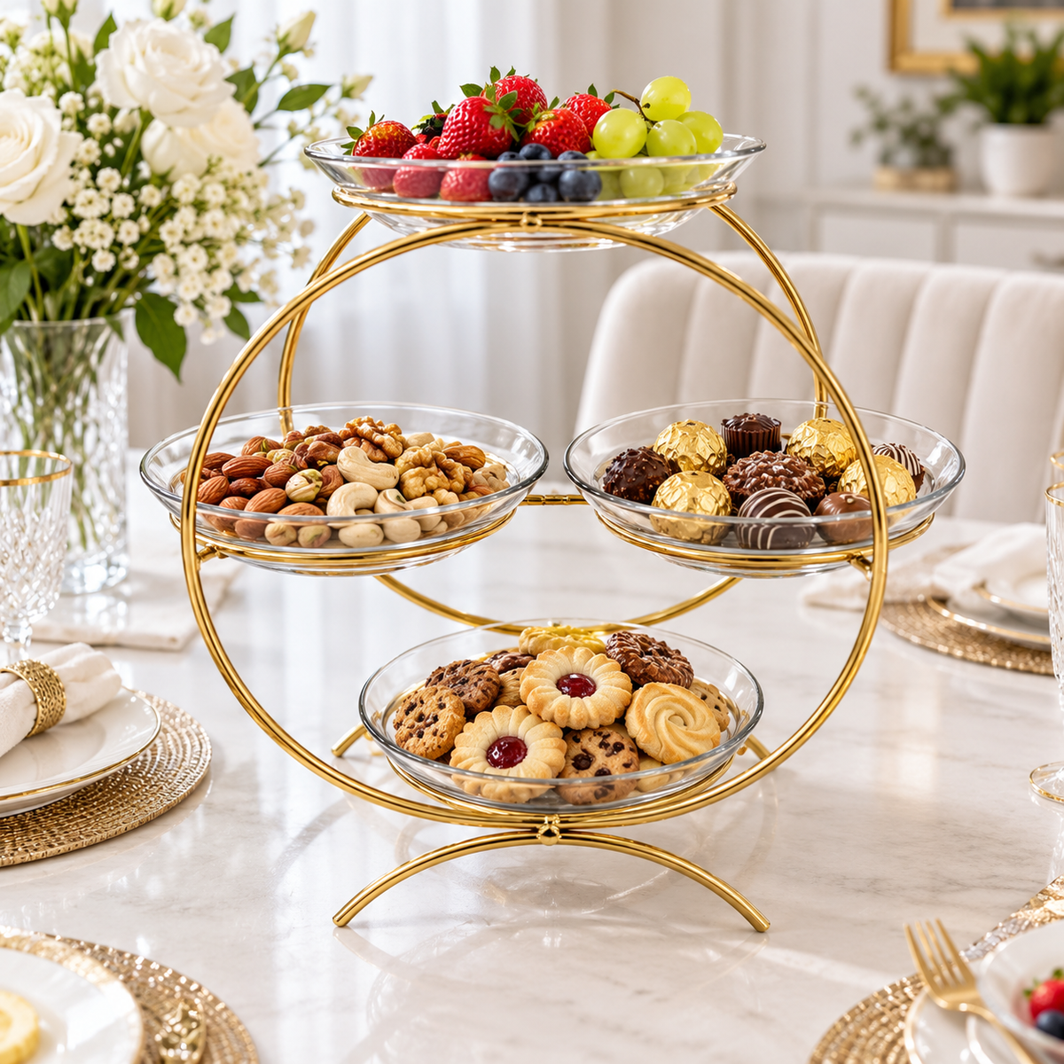 Luxury Golden 4-Tier Serving Stand without Plates Elegant Round Fruit, Dry Fruit & Dessert Organizer