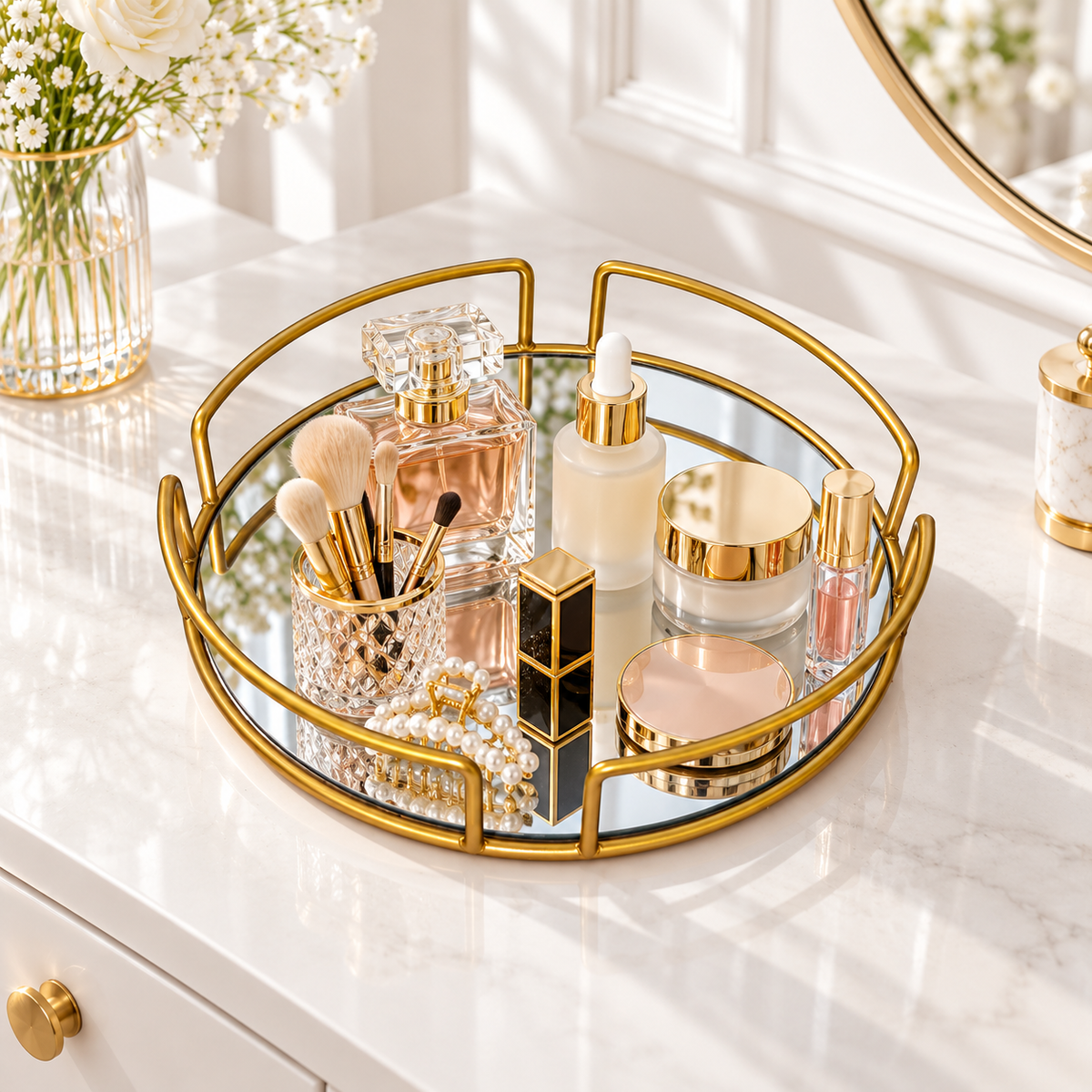 Luxury Gold Round Mirror Cosmetic Organizer Tray