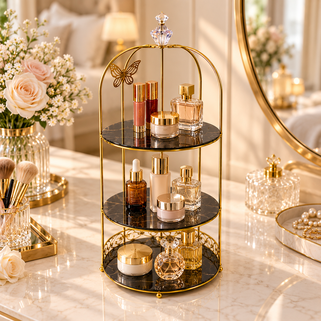 Butterfly 3 Layers Cosmetics Cage Organizer – Elegant Rotating Makeup & Jewelry Storage Rack