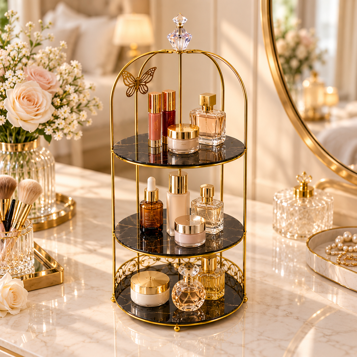 Butterfly 3 Layers Cosmetics Cage Organizer – Elegant Rotating Makeup & Jewelry Storage Rack