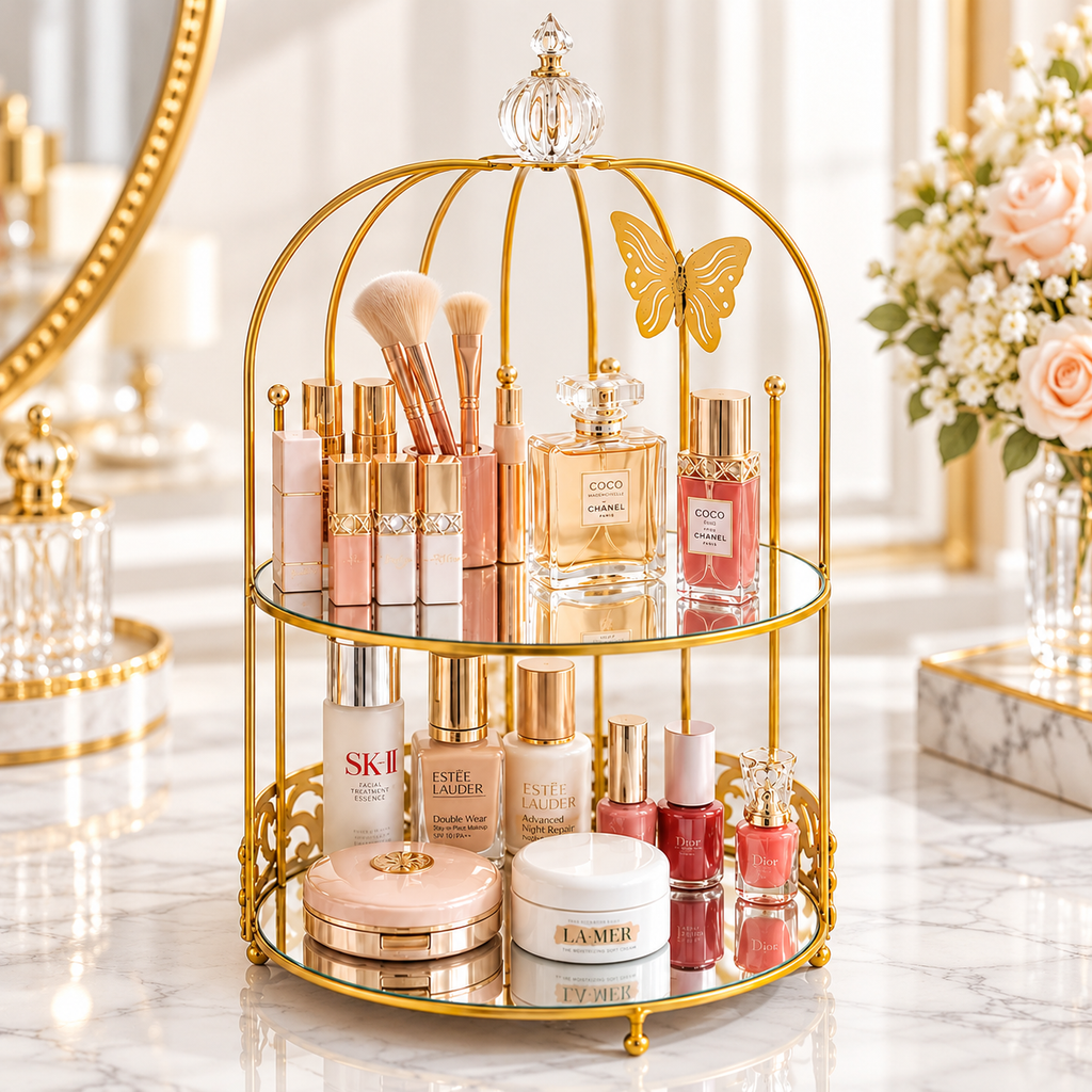 Luxury 2-Tier Golden Butterfly Cosmetic Organizer with Mirror Trays | Premium Makeup & Perfume Storage Stand