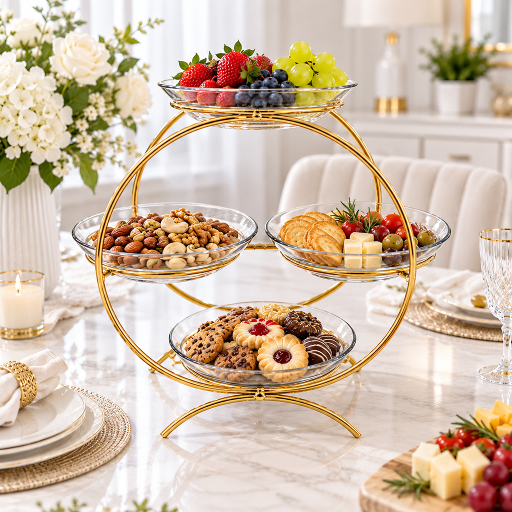 Luxury Golden 4-Tier Serving Stand without Plates Elegant Round Fruit, Dry Fruit & Dessert Organizer