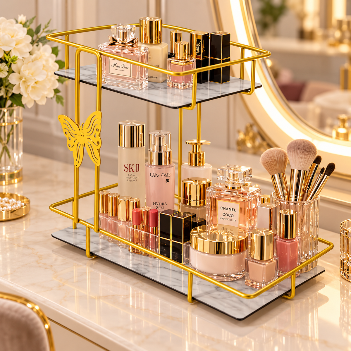 Luxury 2-Tier Golden Cosmetic Organizer Stand with Marble Trays – Makeup & Perfume Storage Rack