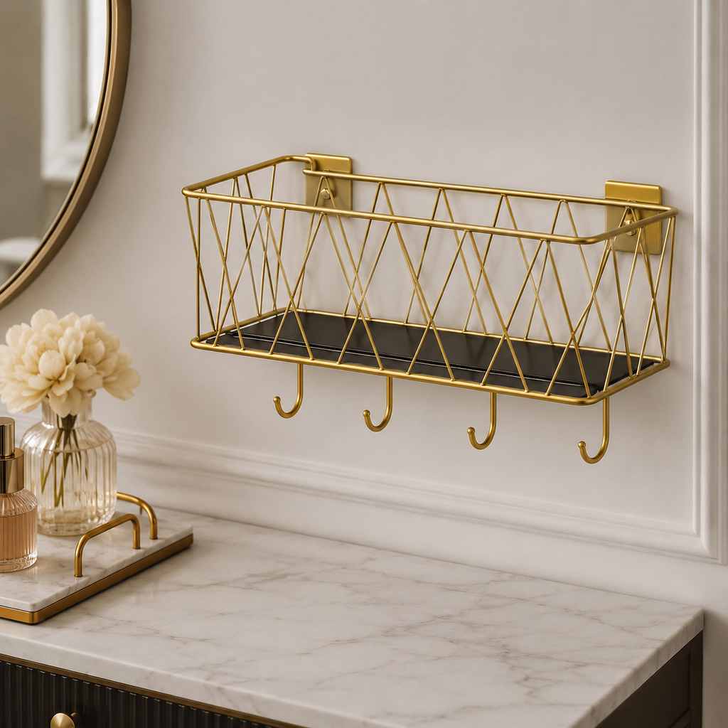 Luxury Gold Wall Mounted Cosmetic Organizer Shelf with Hooks