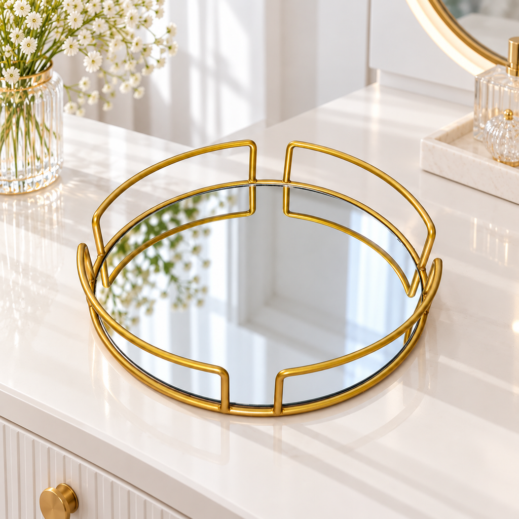 Luxury Gold Round Mirror Cosmetic Organizer Tray