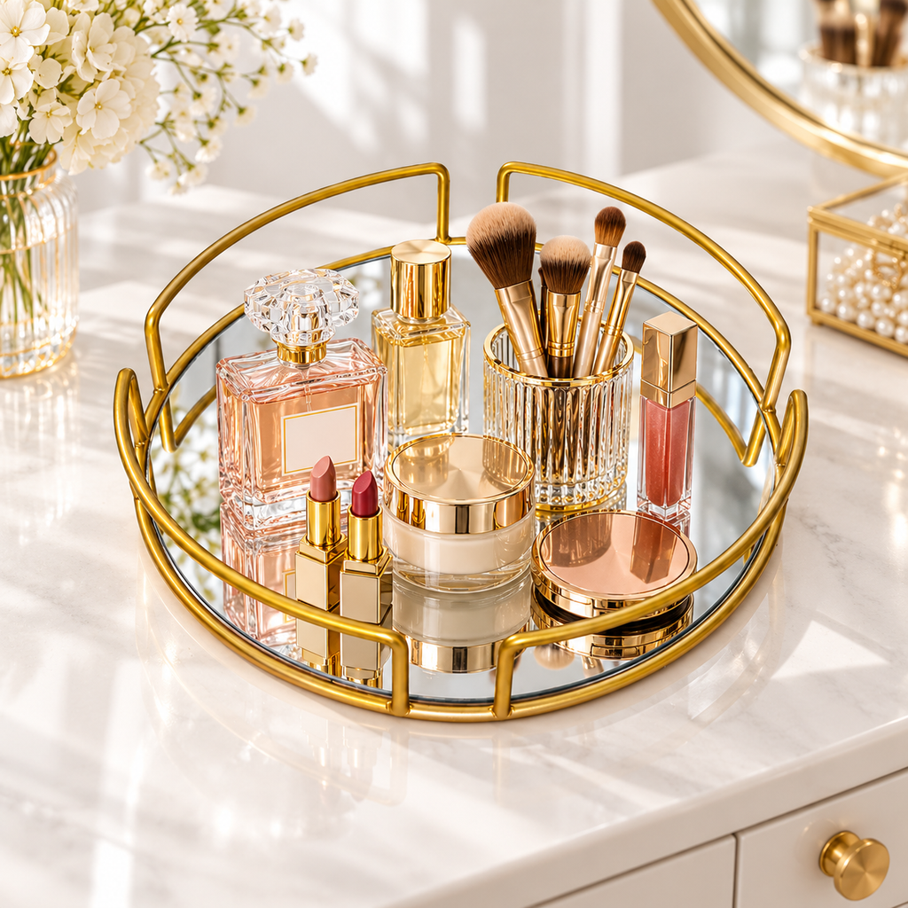 Perfume Plate Round Tray with Gold Metal & Glass – Elegant Vanity Organizer