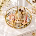 Perfume Plate Round Tray with Gold Metal & Glass – Elegant Vanity Organizer