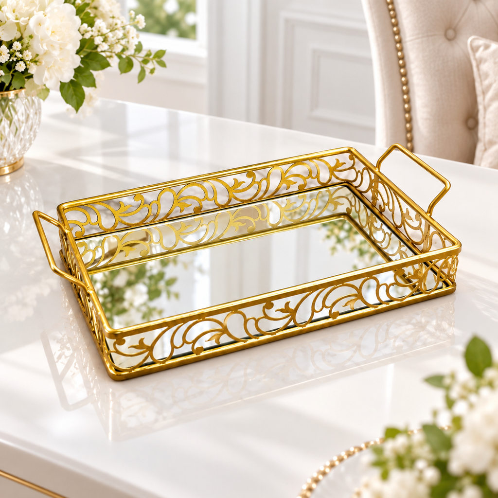 Luxury Golden Mirror Cosmetic Organizer Tray