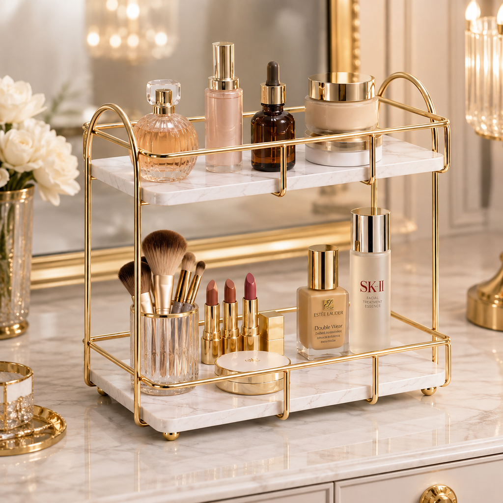 Luxury 2-Tier Golden Cosmetic & Makeup Organizer Rack