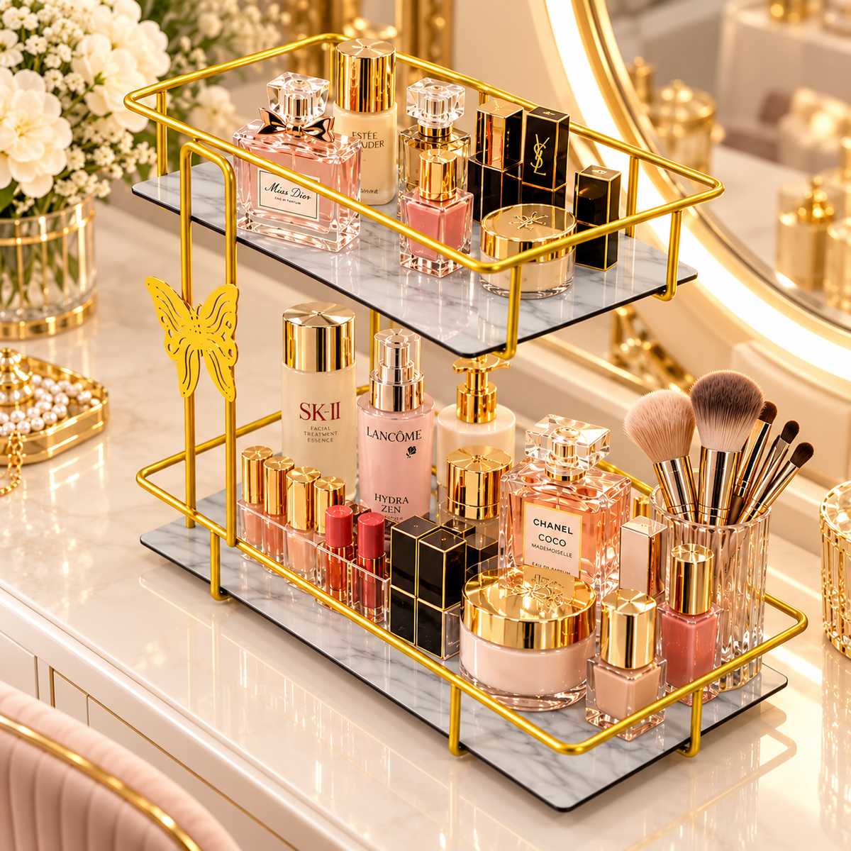 Luxury 2-Tier Golden Cosmetic Organizer Stand with Marble Trays – Makeup & Perfume Storage Rack