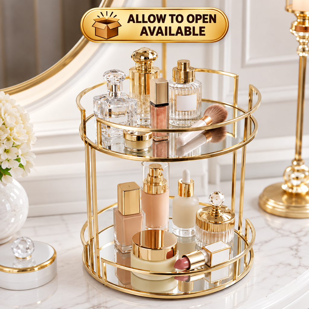 Luxury 2 Tier Gold Mirror Cosmetic Organizer Tray