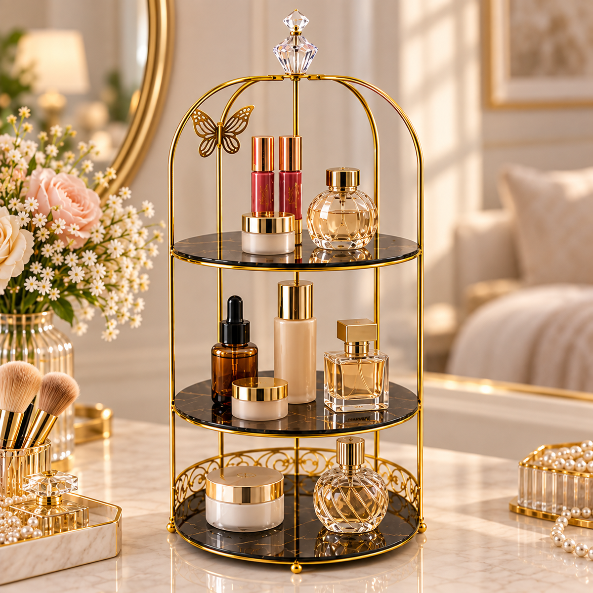 Butterfly 3 Layers Cosmetics Cage Organizer – Elegant Rotating Makeup & Jewelry Storage Rack