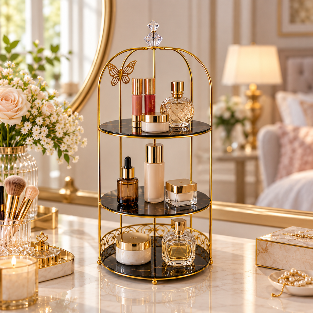 Butterfly 3 Layers Cosmetics Cage Organizer – Elegant Rotating Makeup & Jewelry Storage Rack