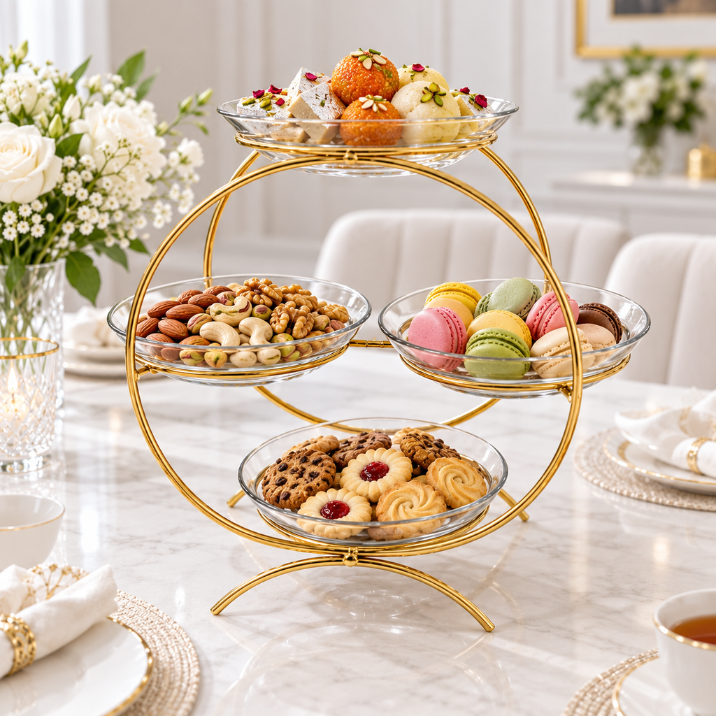 Luxury Golden 4-Tier Serving Stand without Plates Elegant Round Fruit, Dry Fruit & Dessert Organizer