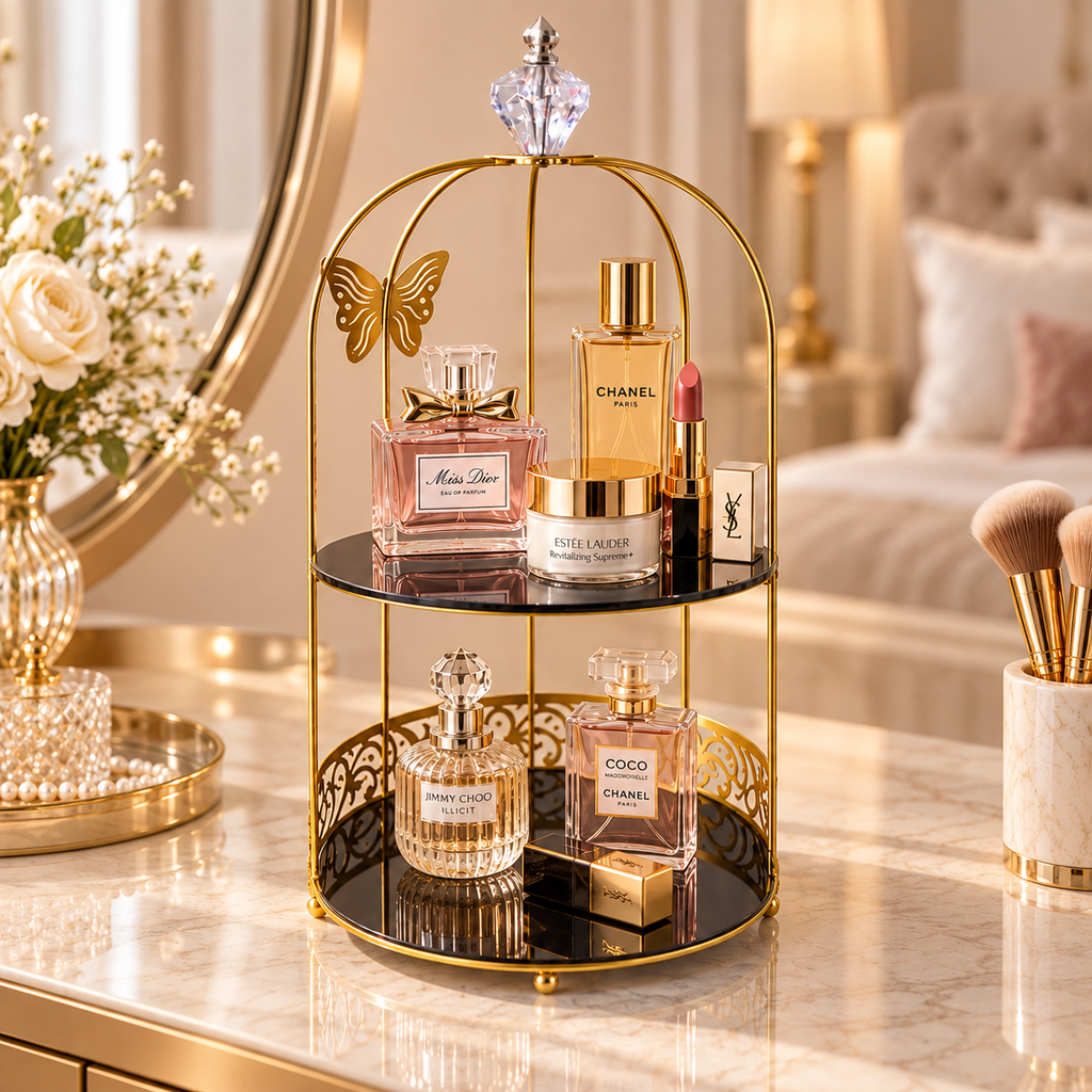 Butterfly 2 Layers Vanity Cage Organizer – Elegant Gold Makeup & Perfume Storage Stand