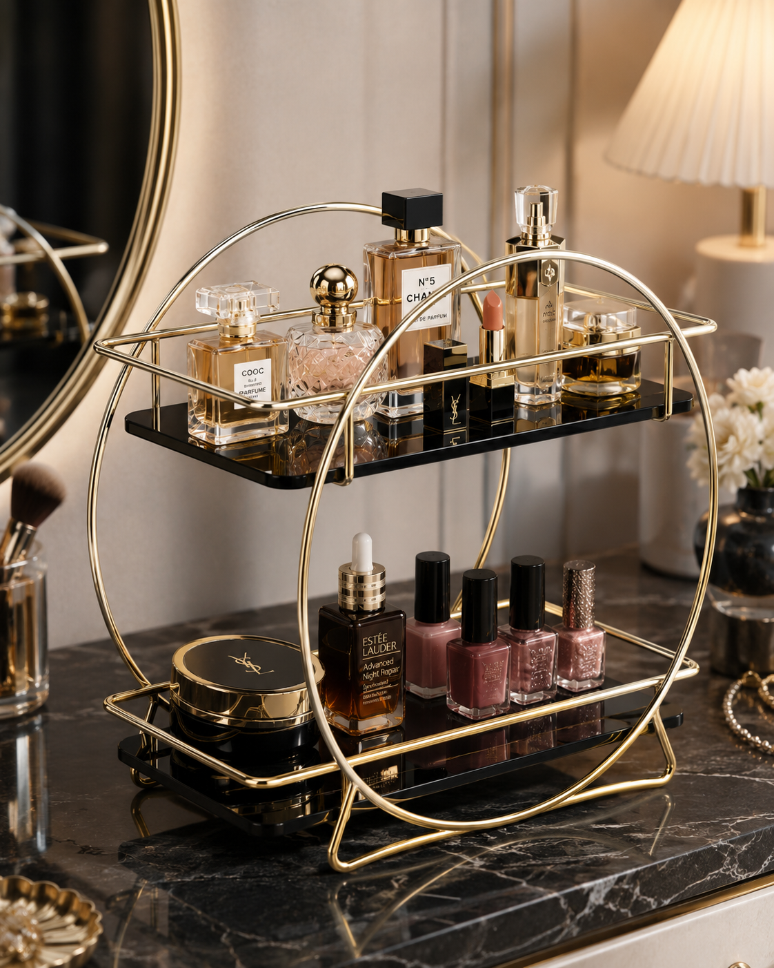 Luxury 2-Tier Gold Makeup & Skincare Organizer Rack for Bathroom Countertop