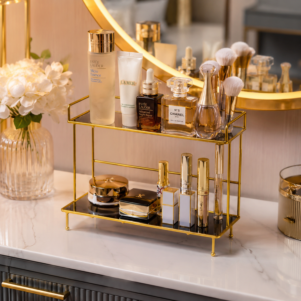 Luxury 2-Tier Gold Cosmetic Organizer Stand