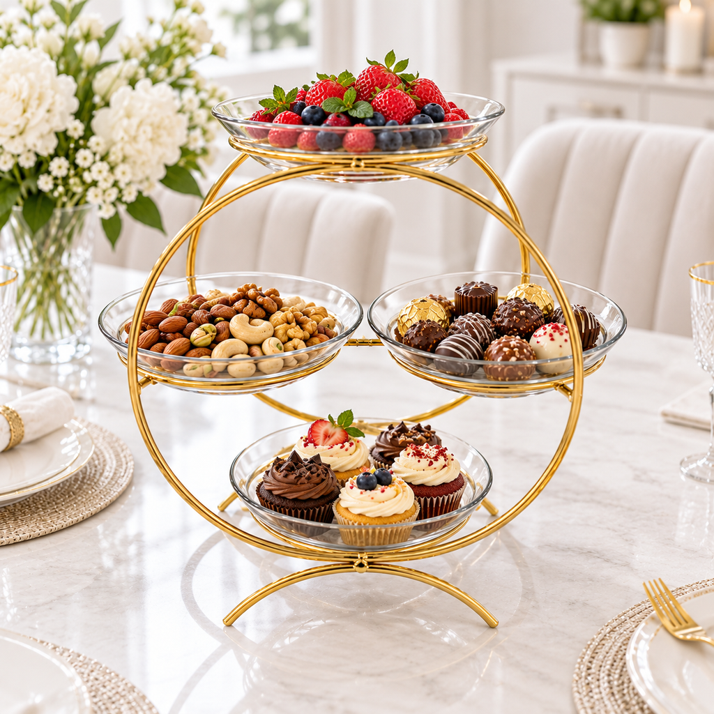 Luxury Golden 4-Tier Serving Stand without Plates Elegant Round Fruit, Dry Fruit & Dessert Organizer