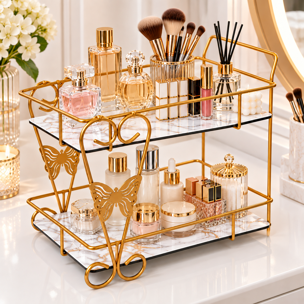 Luxury 2-Tier Golden Butterfly Cosmetic Organizer with Marble Style Trays