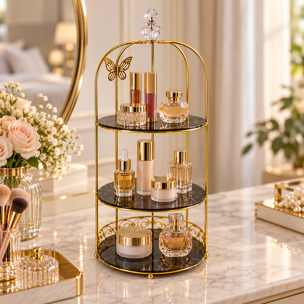 Butterfly 3 Layers Cosmetics Cage Organizer – Elegant Rotating Makeup & Jewelry Storage Rack