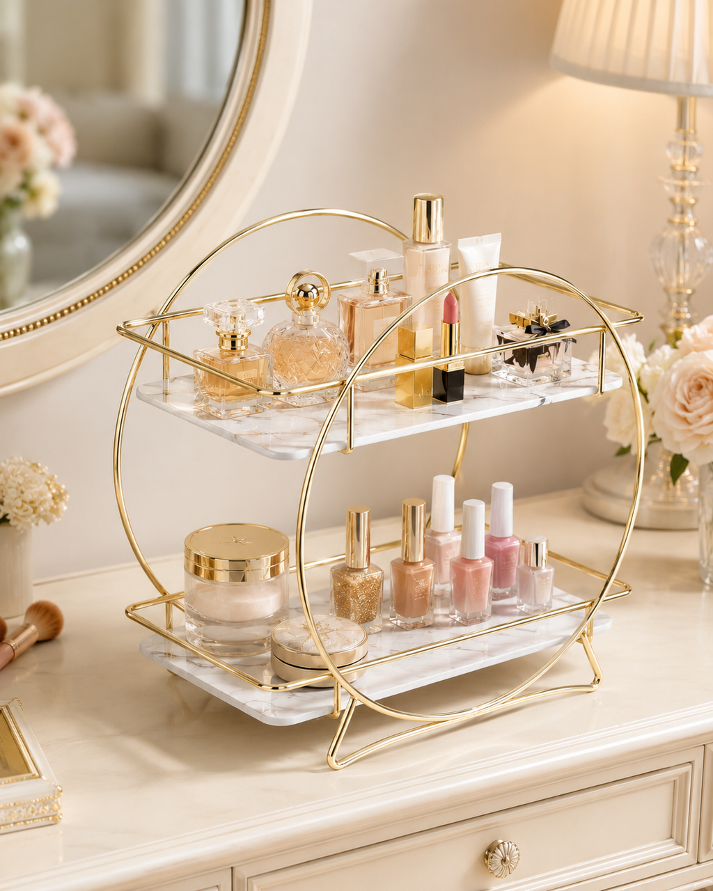 Luxury 2-Tier Gold Makeup & Skincare Organizer Rack for Bathroom Countertop