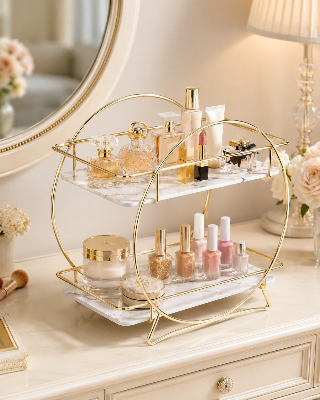 Luxury 2-Tier Gold Makeup & Skincare Organizer Rack for Bathroom Countertop