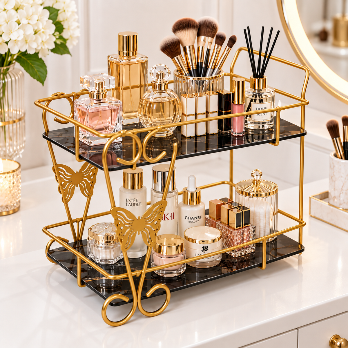 Luxury 2-Tier Golden Butterfly Cosmetic Organizer with Marble Style Trays
