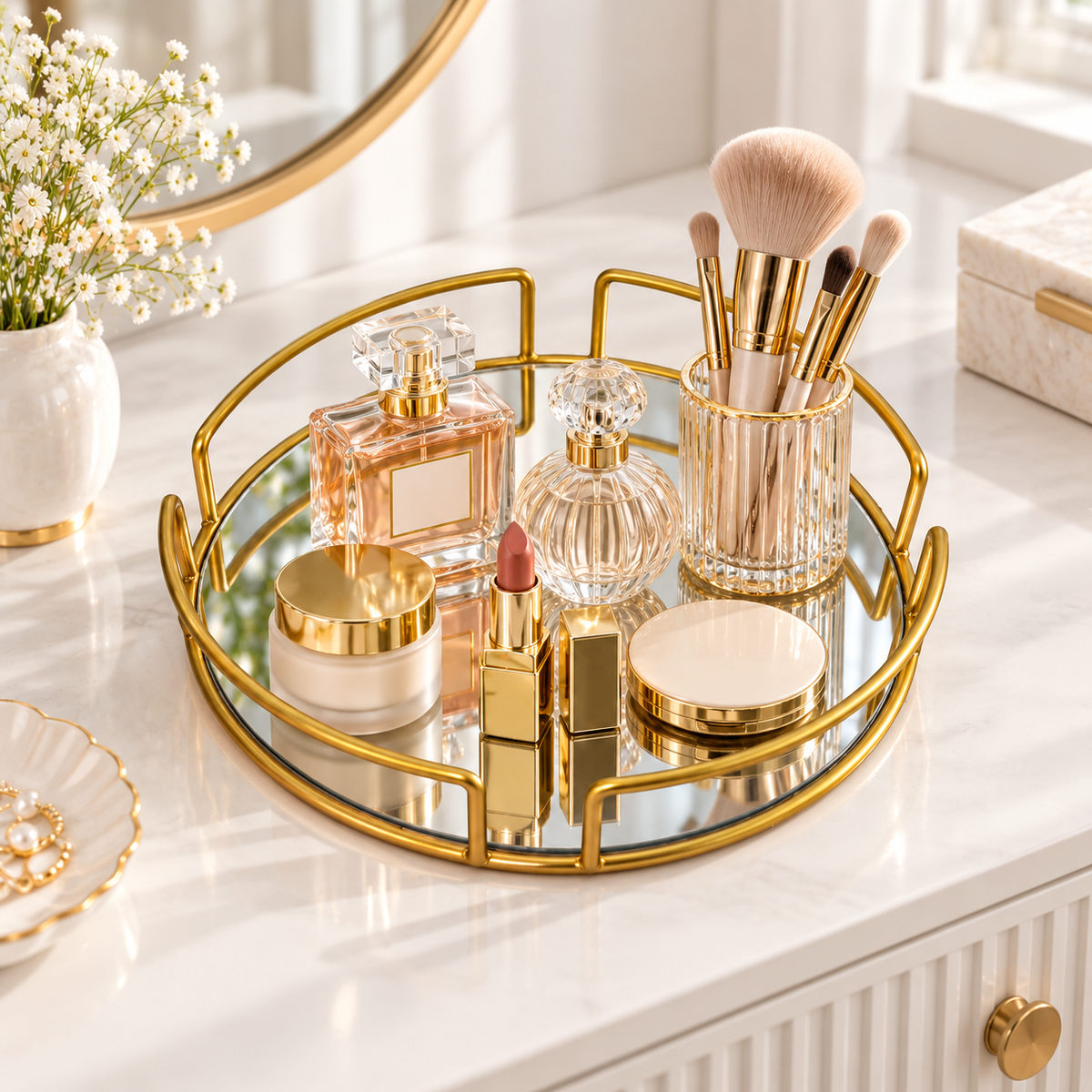 Perfume Plate Round Tray with Gold Metal & Glass – Elegant Vanity Organizer