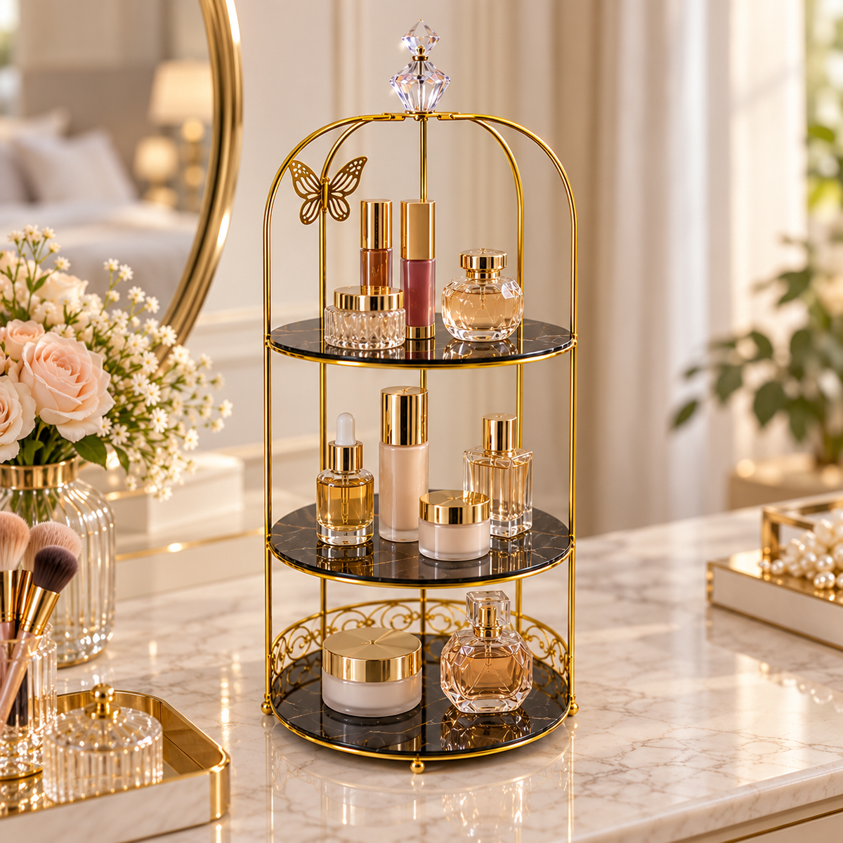 3 Layers Cage Cosmetics Storage Organizer – Multi-Tier Makeup & Skincare Storage Rack for Vanity, Bathroom & Dressing Table