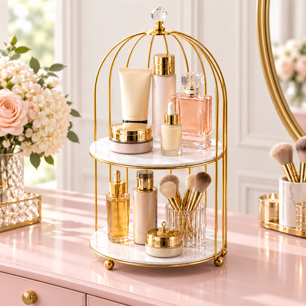 2 Layers Cosmetics Cage Organizer – Stylish Makeup & Skincare Storage Rack