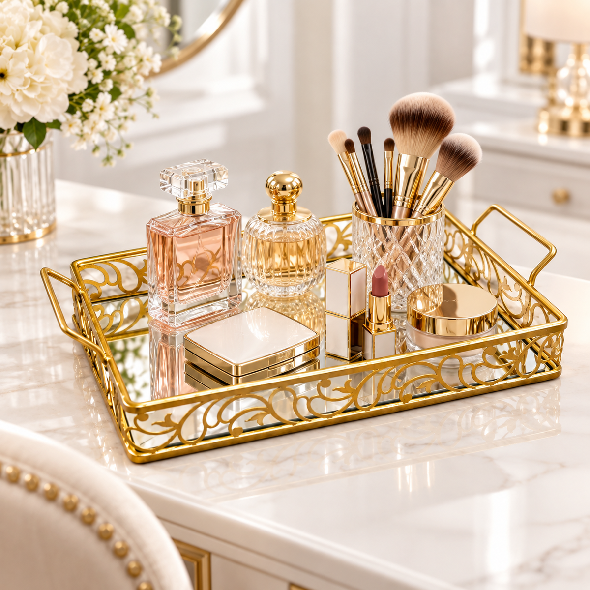 Luxury Golden Mirror Cosmetic Organizer Tray