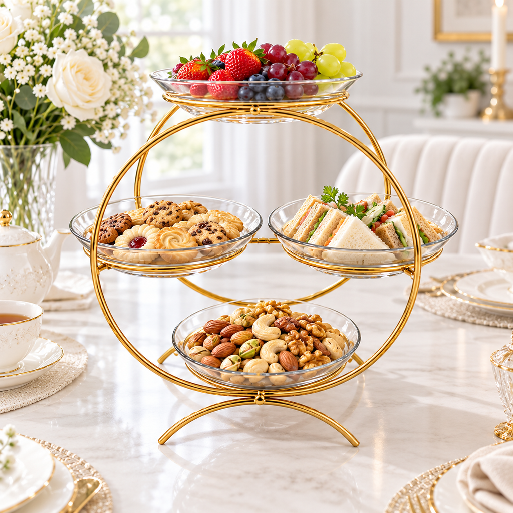 Luxury Golden 4-Tier Serving Stand without Plates Elegant Round Fruit, Dry Fruit & Dessert Organizer